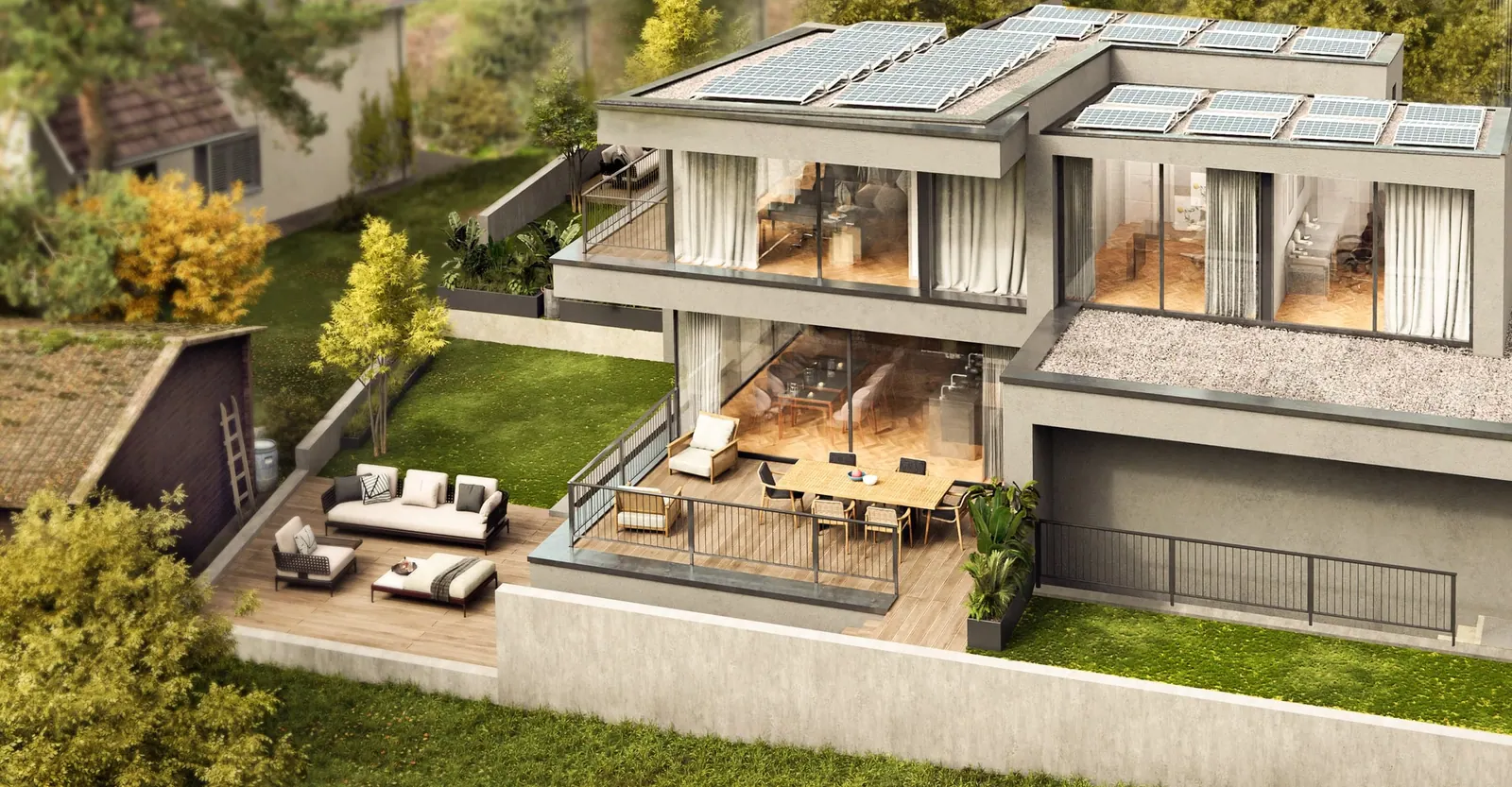 Visualisierung eines Neubaus mit Garten
